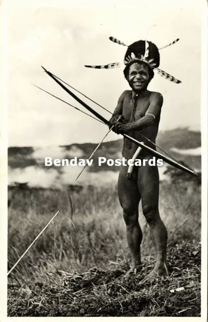 dutch new guinea, BALIEM, Native Papua Chief, Bow and Arrow, Koteka (1950s) RPPC