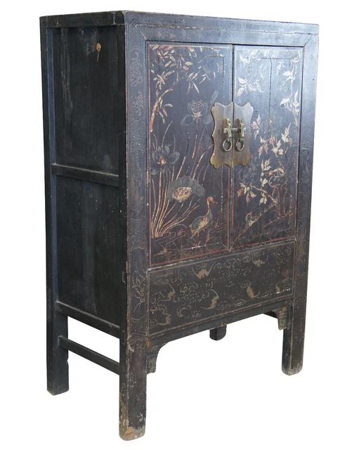Vintage Chinese Black Lacquer Hand Painted Armoire Wardrobe Cabinet Duck Scene