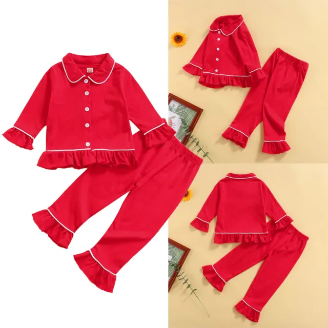 Toddler Baby Kids Girls Clothes Ruffle Solid Tops Button Sleepwear Pants Outfits