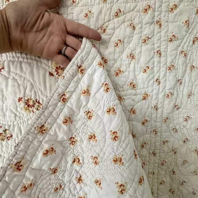 59 X72 1870 Antique Quilt couveture piquee hand stitched textile white orange p