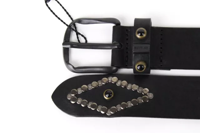 REPLAY 90 CM Men Belt Studded Plain Black Pure Leather Metal Buckle Casual 3