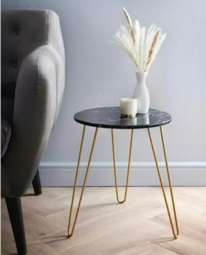 Black Marble Effect Top Side Table with Gold Metal LegsLiving Room