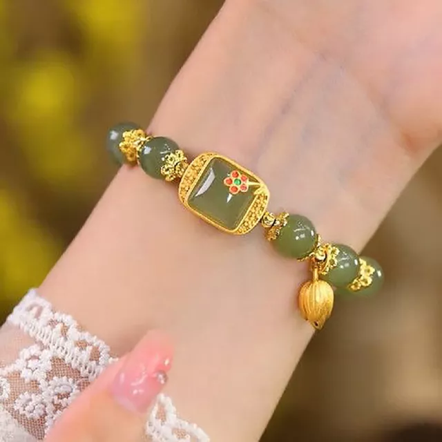 Ladies Imitation Hetian Jade Lotus Pendant Bracelet Vintage Beaded Bracelet