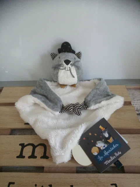 Doudou plat chat Fernand les moustaches gris blanc Moulin Roty neuf