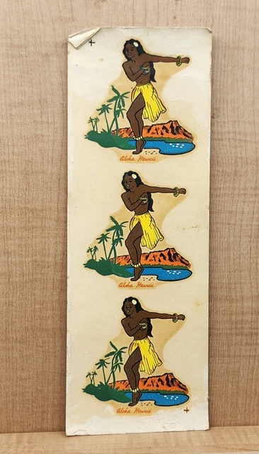 Waikiki Beach 1950s Vintage Borden Decalomania Sticker Hula Girl Diamond Head