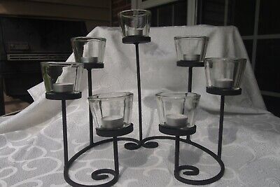 Wrought Cast Iron Metal Votive Glass Candle Holder -7 Tea Lights-Modern Look