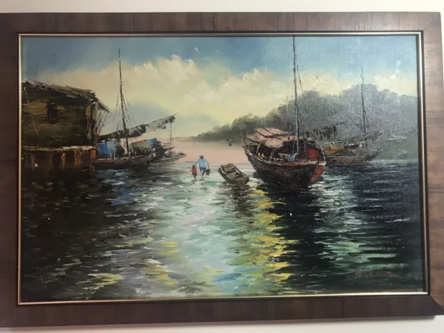 Oil On Canvas Of Boat Scene. Art Size 30x20. Wood frame With Good Li