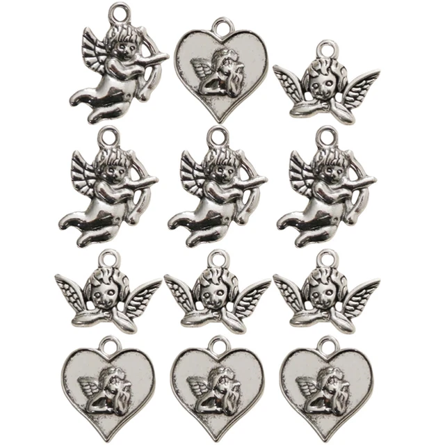 18 Pcs 3 Silberner Engel-Anhänger Herzohrringe Baumeln Herzförmig
