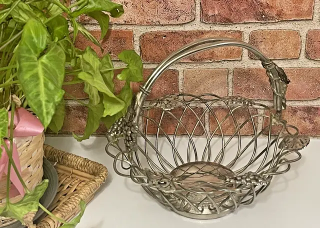 LG Silver PLT Mid Century Wire Basket W/Handle Grapevine Leaves Staging Decor