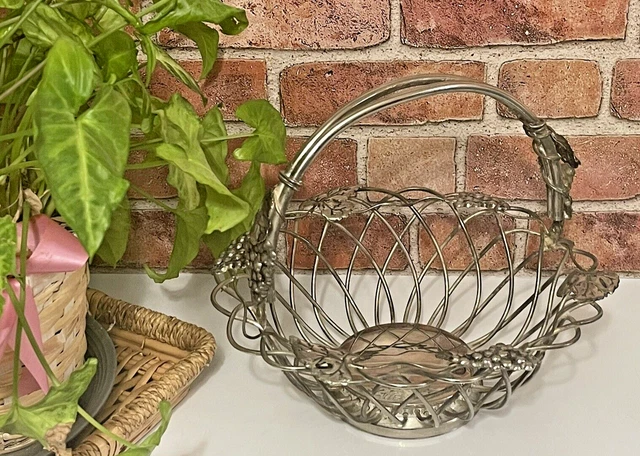LG Silver PLT Mid Century Wire Basket W/Handle Grapevine Leaves Staging Decor