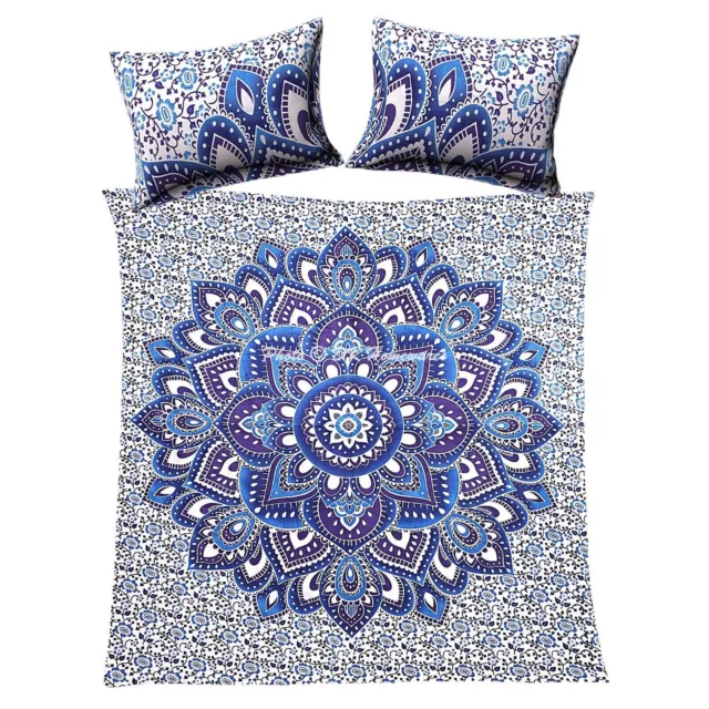 Juego de cama indio hecho a mano con diseño floral, color azul, funda de...