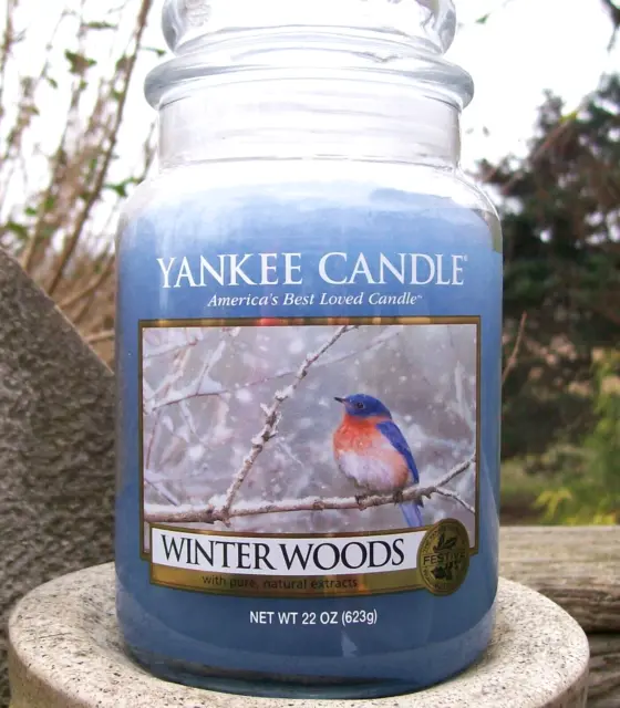 Yankee Candle Retired Christmas "WINTER WOODS" Large 22 oz ~WHITE LABEL~RARE~NEW