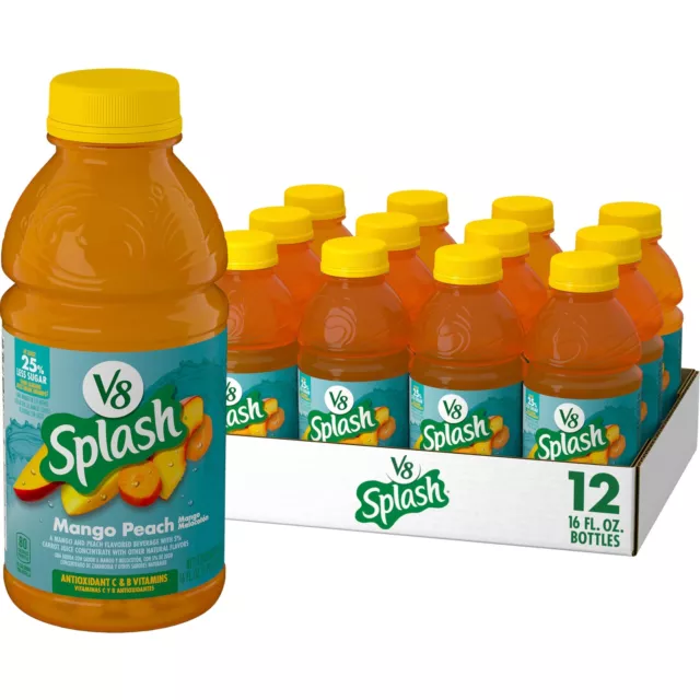 V8 Splash Mango Peach Flavored Juice Vitamin B 16 FL OZ Bottle Pack of 12