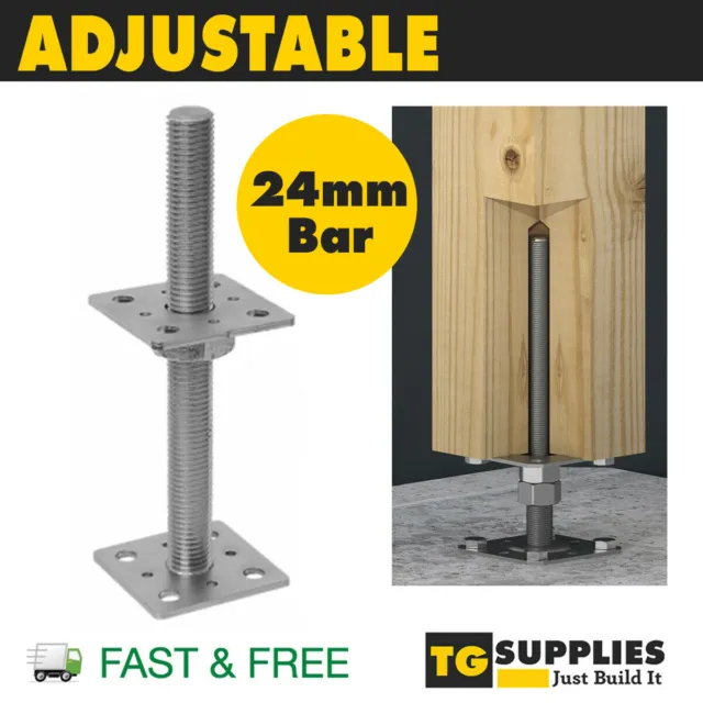 Heavy Duty Galvanised Adjustable Bolt Down Post Support Height 25cm Bar 24mm