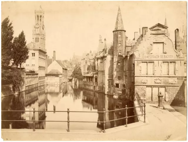 Belgique, Bruges, le quai du Rosaire et le Beffroi  vintage albumen print Ti