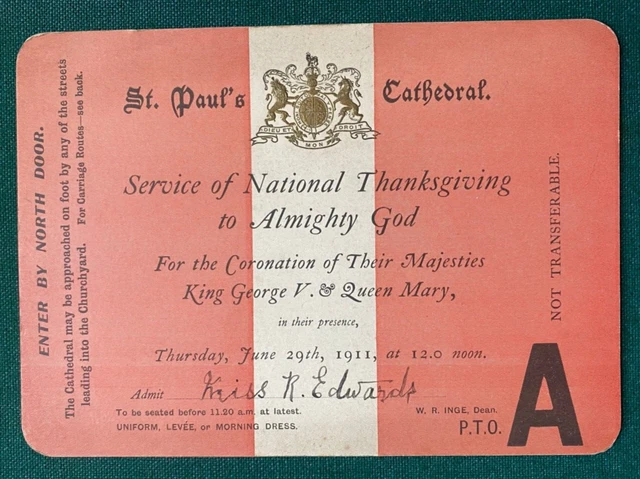 Antique Royal Thanksgiving Pass Coronation King George Queen Mary St Paul's