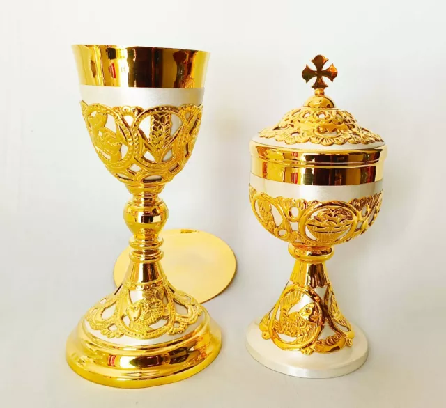 Chalice paten & Ciborium Set Brass Gold plated Holy Communion Church Gift USQA13