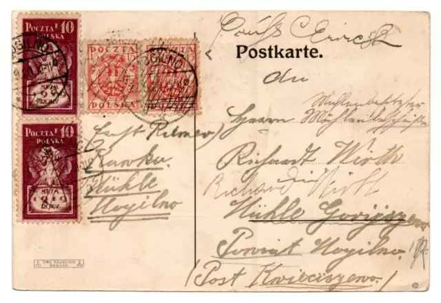 Postkarte von Kawka Kreis Mogilno Post und Bahn Blütenau 1920 gelaufen