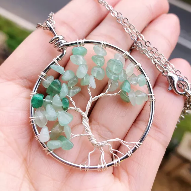 Natural Aventurine Gems Tree Of Life Necklace Chakra Reiki Healing Amulet