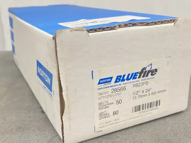 50 new NORTON BlueFire (1/2" x 24") Grit 80 X, R823PB Sanding File Belts, #28566