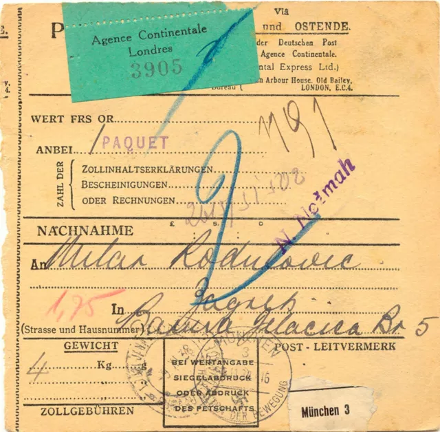 DEUTSCHES REICH 1937 Paketkarte "Agence Continentale Londres" Dienst der Dt.Post