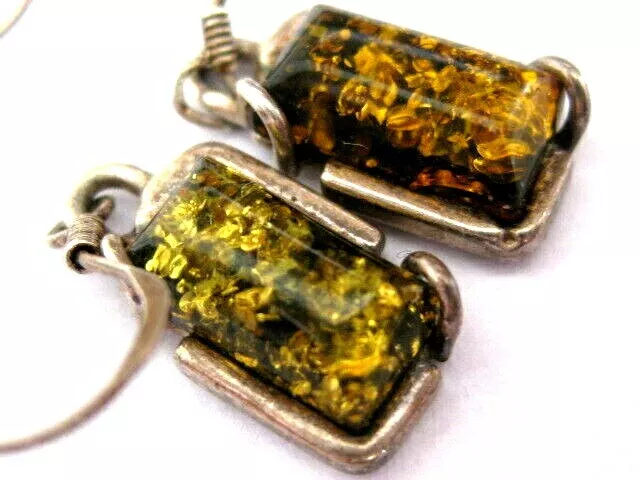 VINTAGE STERLING SILVER GENUINE BALTIC AMBER DROP EARRINGS 30mm STAMPED