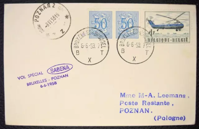 15/ Belgique SABENA Vol spécial Bruxelles Poznan 6 6 1958