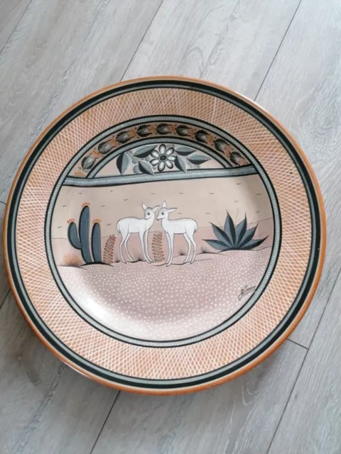 Vintage mexikanische Tonala Volkskunst Wandplatte groß 41 cm signiert von Jimom Mexiko