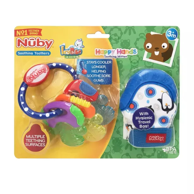 Nuby Icy bite Keys and Happy Hands Soothing Mitten Teethers with a hygenic bag