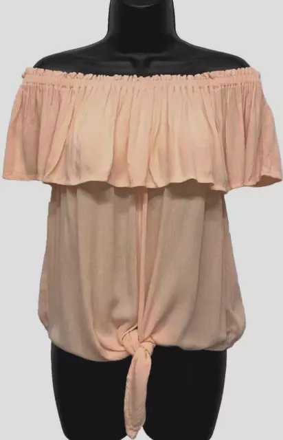 Express Women’s Size M Off The Shoulders Tie Front Top Peach Gauzy Short Sleeves
