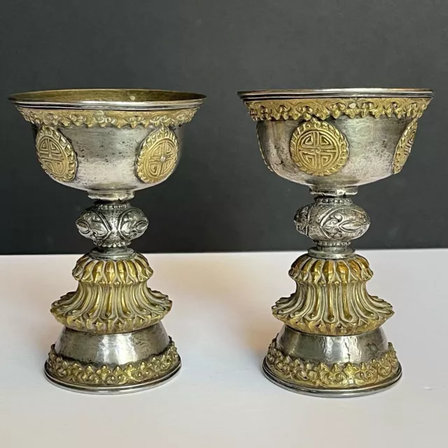 18th C. Old Tibetan Chinese Buddhist Ritual Gilt Silver Butter Lamp Cup Artifact