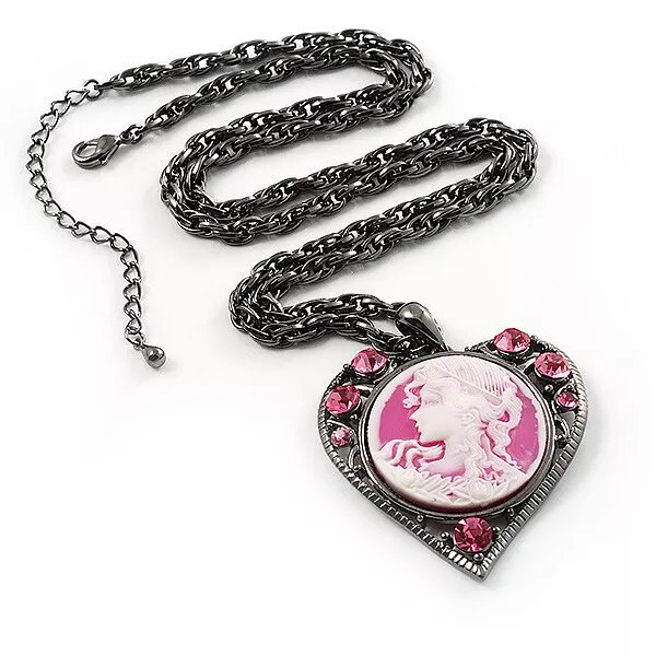 Pink Crystal Cameo 'Lady With Flowers' Heart Pendant