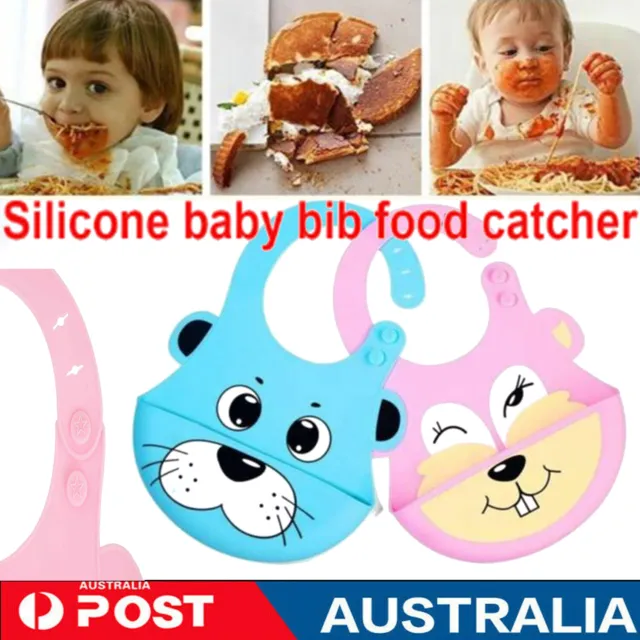 Baby Feeding Bib Apron Smock Silicone Waterproof Easy Clean Toddler Kid Pouch AU