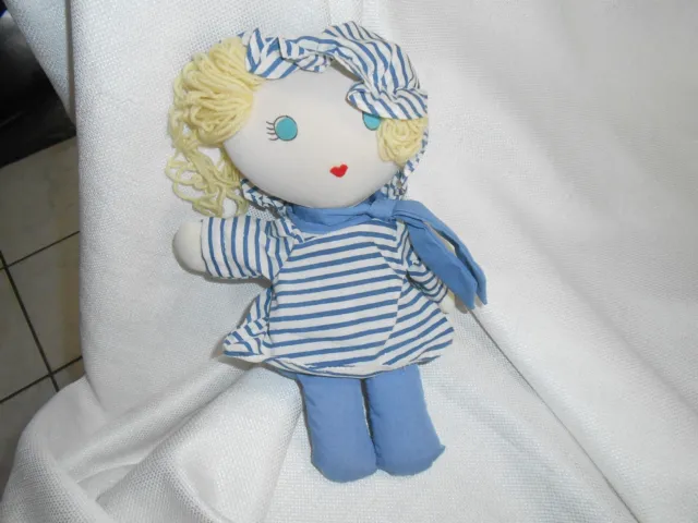 upstairs azrak-hamway plush doll yarn  blond blue  stripes heart mouth lovey 9"