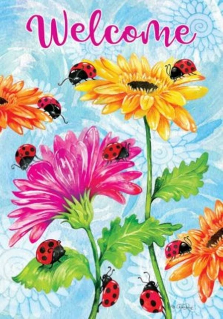 Welcome Ladybugs & Flowers Garden Flag 12"x18", Custom Decor 2 Sided, Free Ship