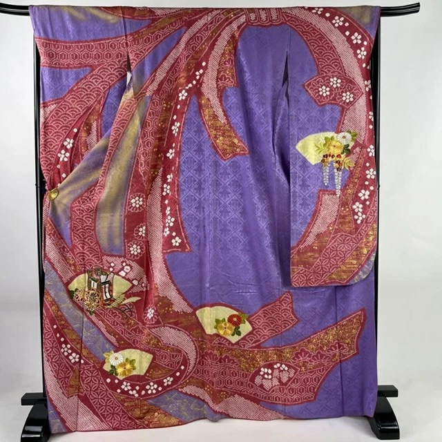 Japanese Kimono Furisode Pure Silk An Ox Drawn Coach Chrysanthemum Purple