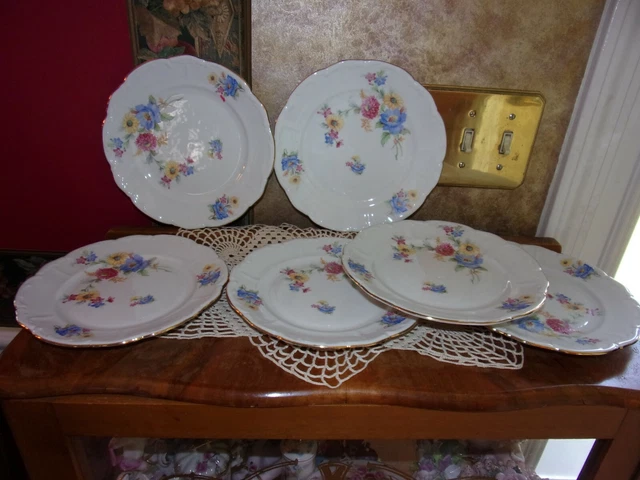 Royal Bareuther Bavaria Germany US Zone 6 Pink Blue Floral Salad Dessert Plates