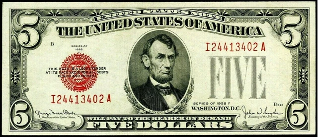 L@@K! Fr.1531 CRISP CHOICE UNCIRCULATED! 1928-F $5.00 LEGAL TENDER NOTE RED SEAL