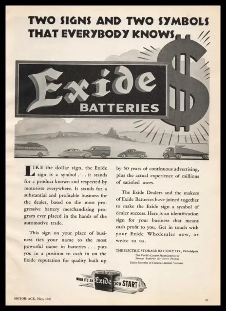1937 Electric Storage Battery Philadelphia Exide Batteries Dollar Sign Print Ad