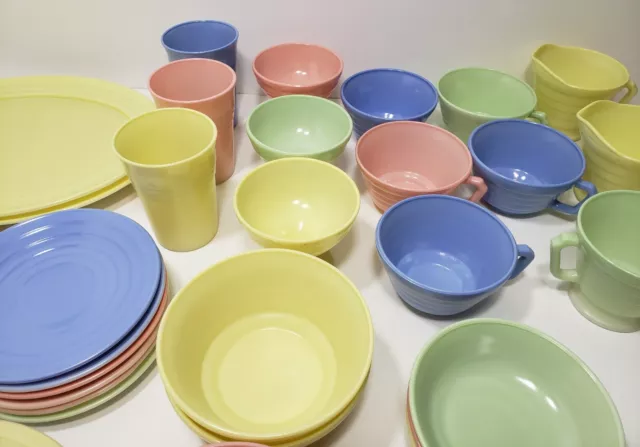 39 pc Hazel Atlas Moderntone Platonite Dinnerware Set Plates Bowls Cups Sherbert 3