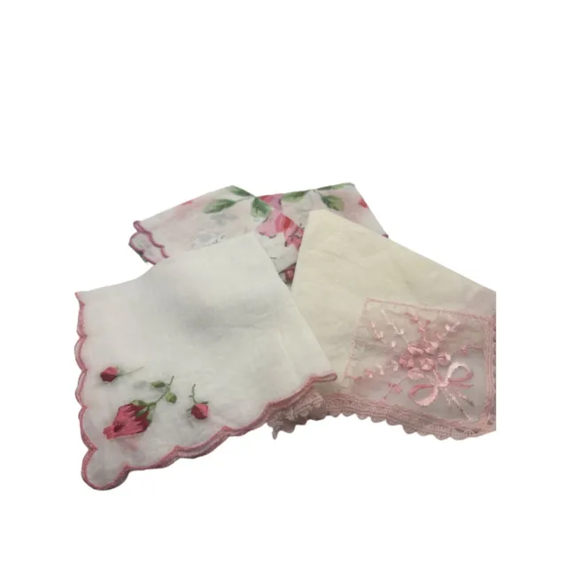 Lot of 4 Pink Floral Hankies Handkerchiefs