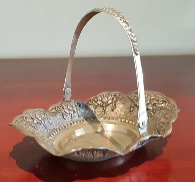 Antique Silver Djokja Or Yogya Repousse Candy Bonbon Basket With Swing Handle 2