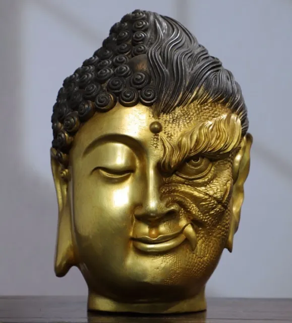 10"bronze one side Shakya Muni one side Acalanatha Kindness and Evil Buddha head
