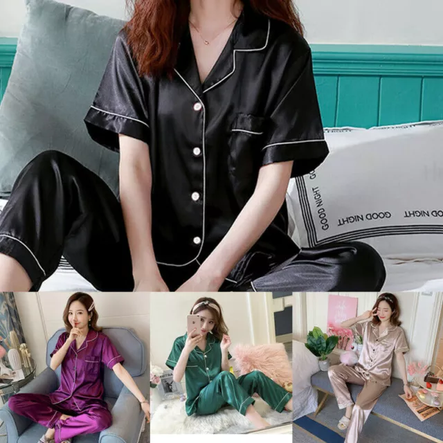 Womens Satin Pyjamas Nightwear Set Ladies PJs Silk Short Sleeve Soft Sleepwear