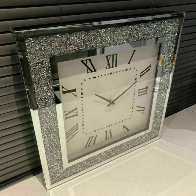 Crushed Jewel crystal Wall Clock Roman Number GLASS Diamante Mirror round square