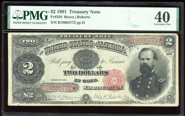 1891 $2 Treasury Note Bill FR-358 - Certified PMG 40 (Extremely Fine) - Rare!