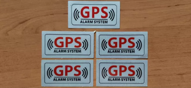 5x "GPS ALARM SYSTEM" Sticker Aufkleber - 55x26mm - silber - NEU deutscher Text