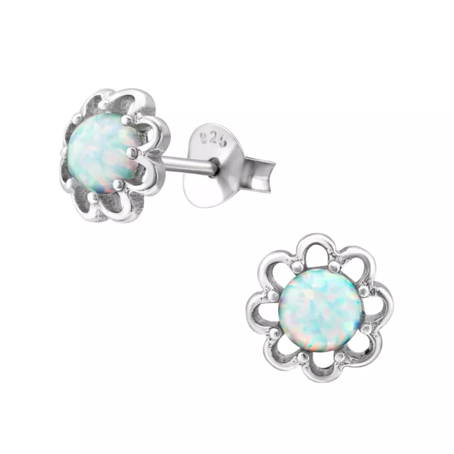 7mm Sterling Silver and Coloured Lab Opal Flower Stud Earrings * Box + Gift Bag