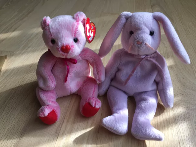 TY Beanie Baby Lot of 2 - Pink Valentine Bear Romance & Floppity Lavender Bunny