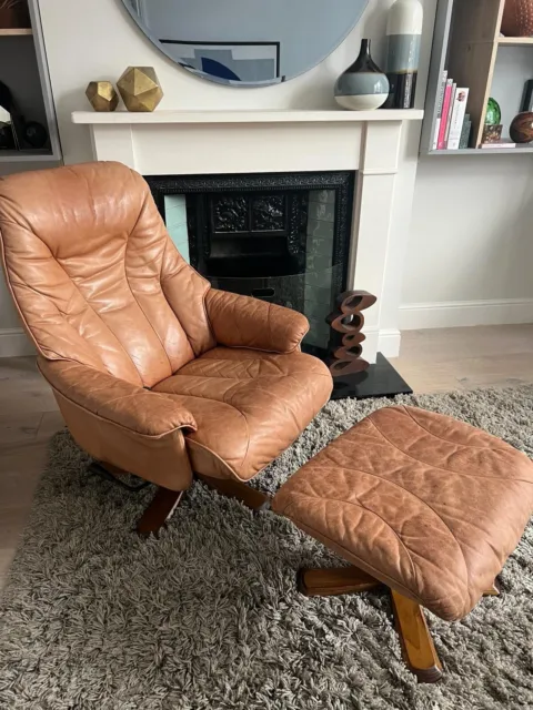 Vintage retro leather reclining swivel Swedish Soderbergs chair
